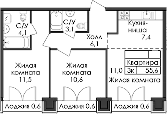 2-комнатная квартира 55.6 м², 8/9 эт., ЖК «Лермонтовский 54»